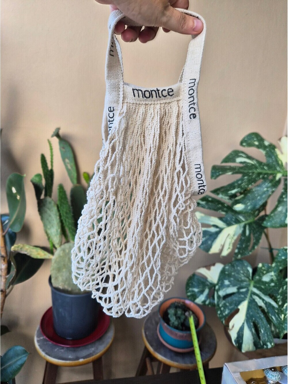 Montce Cotton Net Market Tote Bag Ivory Logo Handles
